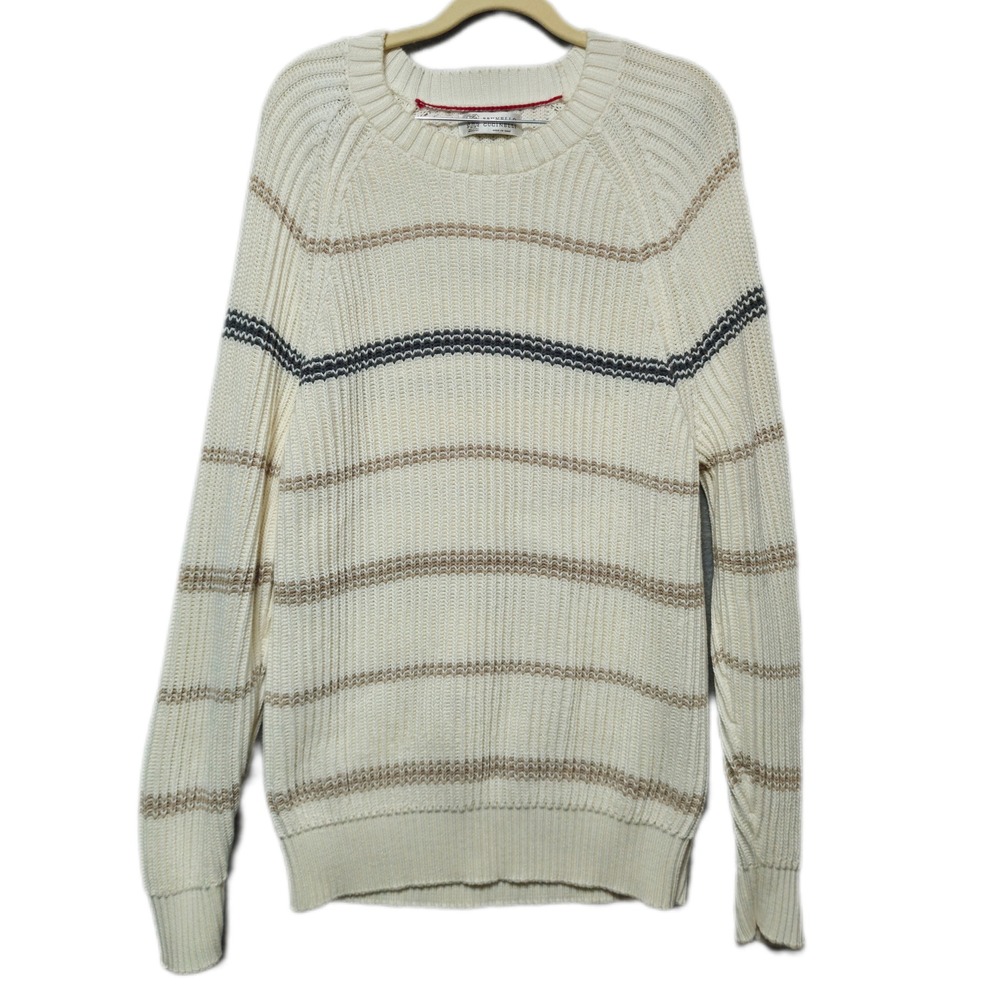 BRUNELLO CUCINELLI Sweater Mens Large Cream Stripe Chunky Rib Knit Crewneck